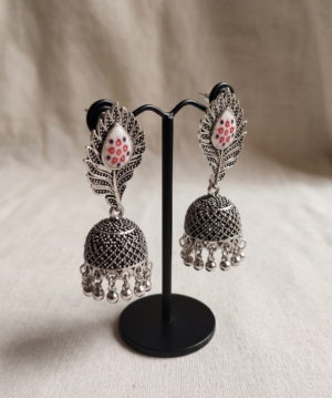 Oxidized Silver Peacock Jhumka Earrings | Hand-Painted Meenakari Ethnic Jewelry