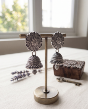 Oxidized Silver Floral Mandala Jhumka Earrings | Antique Statement Drop Festive Jewelry