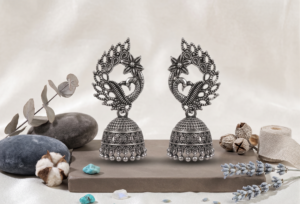 Oxidized Silver Twin Peacock Jhumka Earrings | Antique Floral Style Festive Jewelry